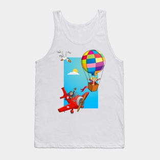 Cartoon style drawing of a girl in a balloon and a red airplane. Tank Top